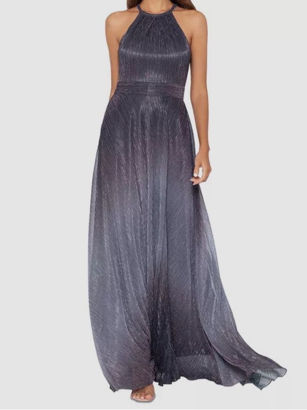 Betsy & Adam Metallic Ombre Halter Neckline Sleeveless Gown in Grey & Purple